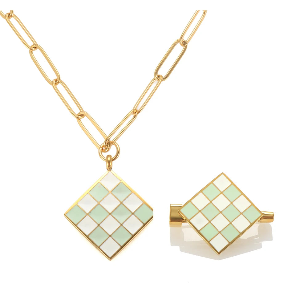 Rhombus Epoxy Enamel Pendant Necklace Brooch Checkerboard Jewelry Set - Guangzhou Mingshixuan Jewellery CO.,Ltd