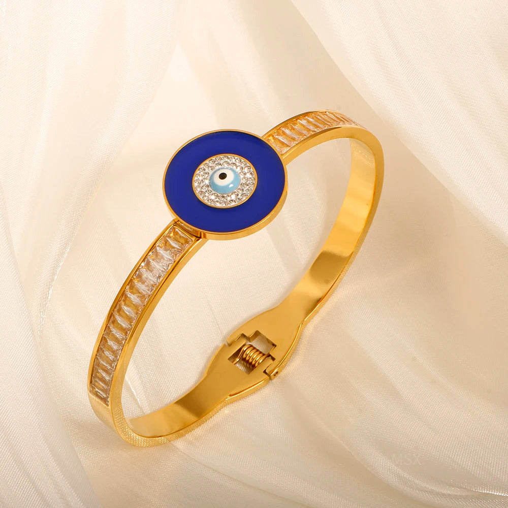 Evil Eyes Blue Round Enamel Crystal Inlaid Bracelets Charm Bangle Jewelry