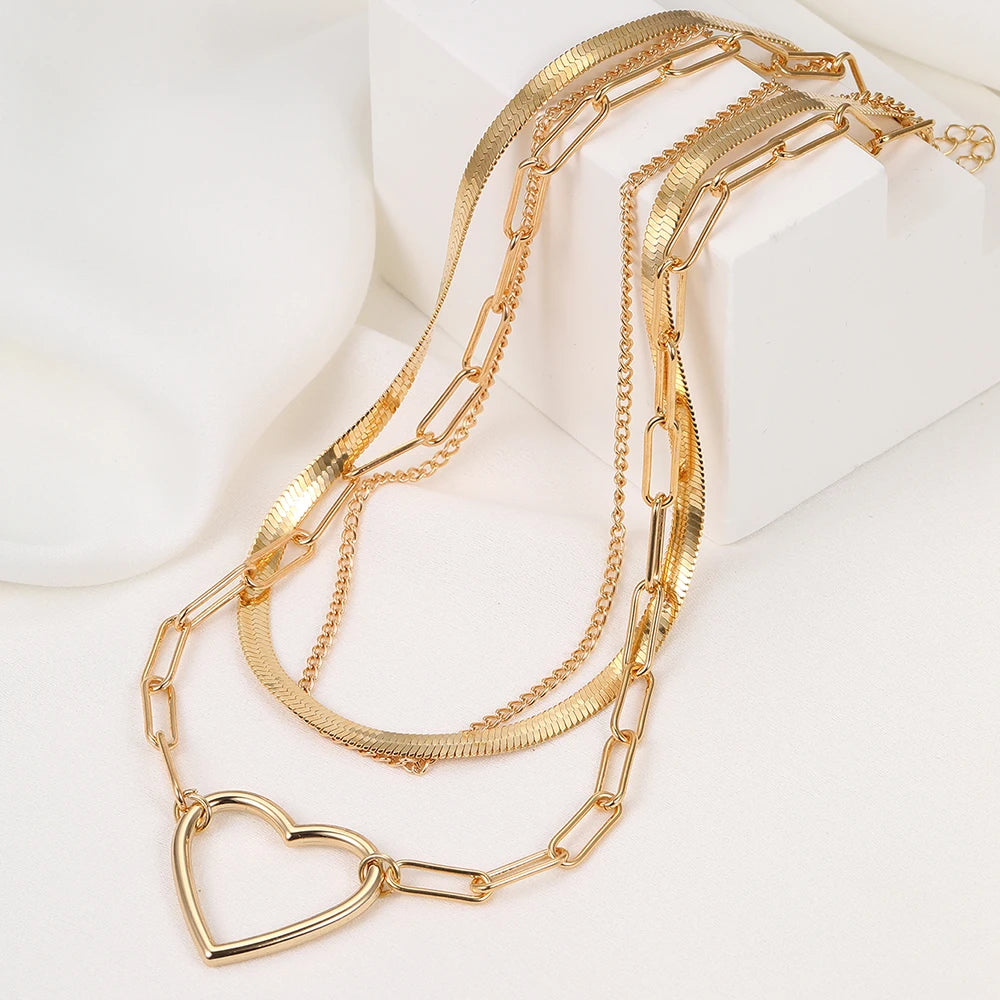 Fashion Heart Necklace Gold Color Multilayer Clavicle Chain for Women Girls Pole-Chain New Trend Jewelry Party Gifts Trendy