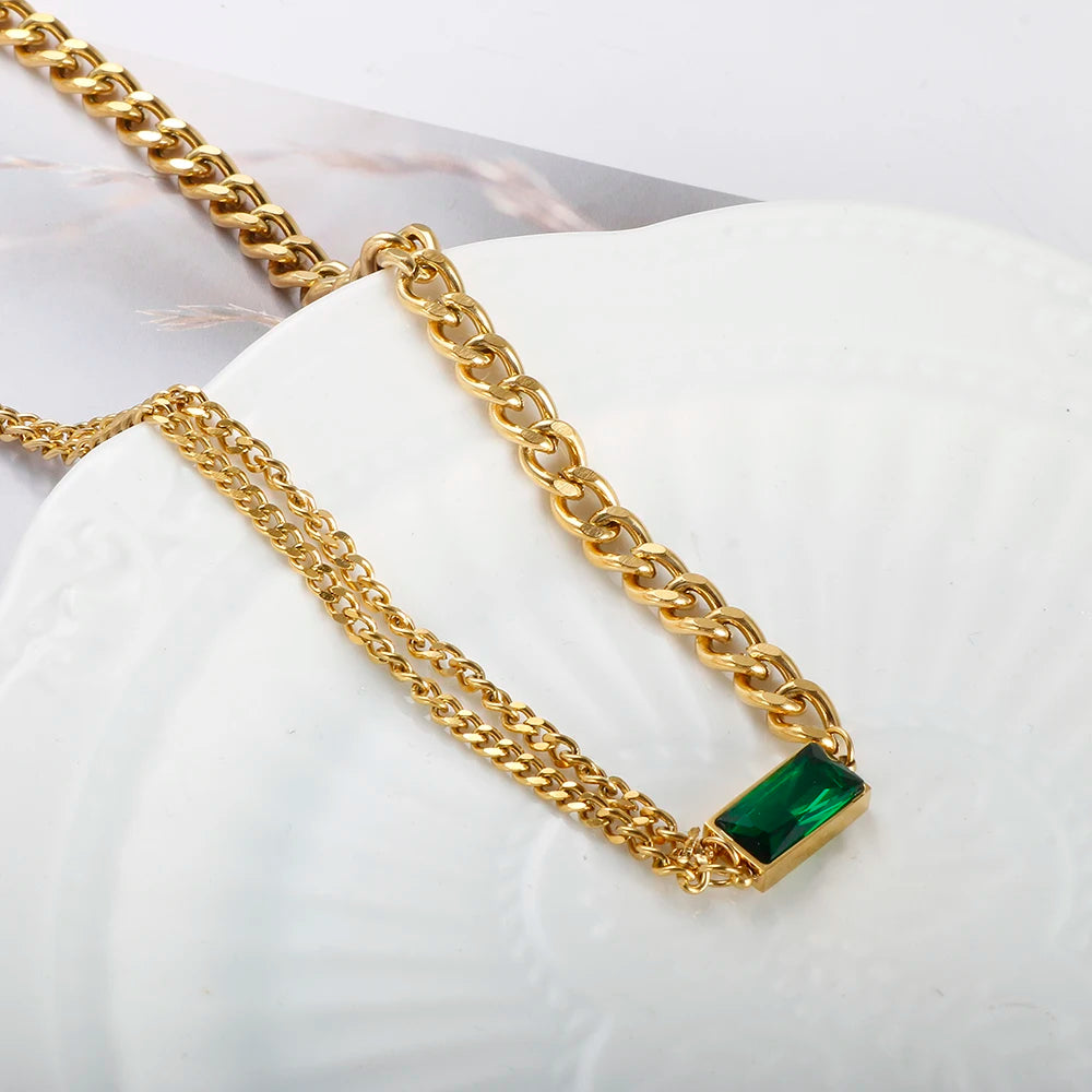 Stainless Steel Fashion Link Chain Necklace Exquisite Green Zircon Crystal Charm Necklace Jewelry