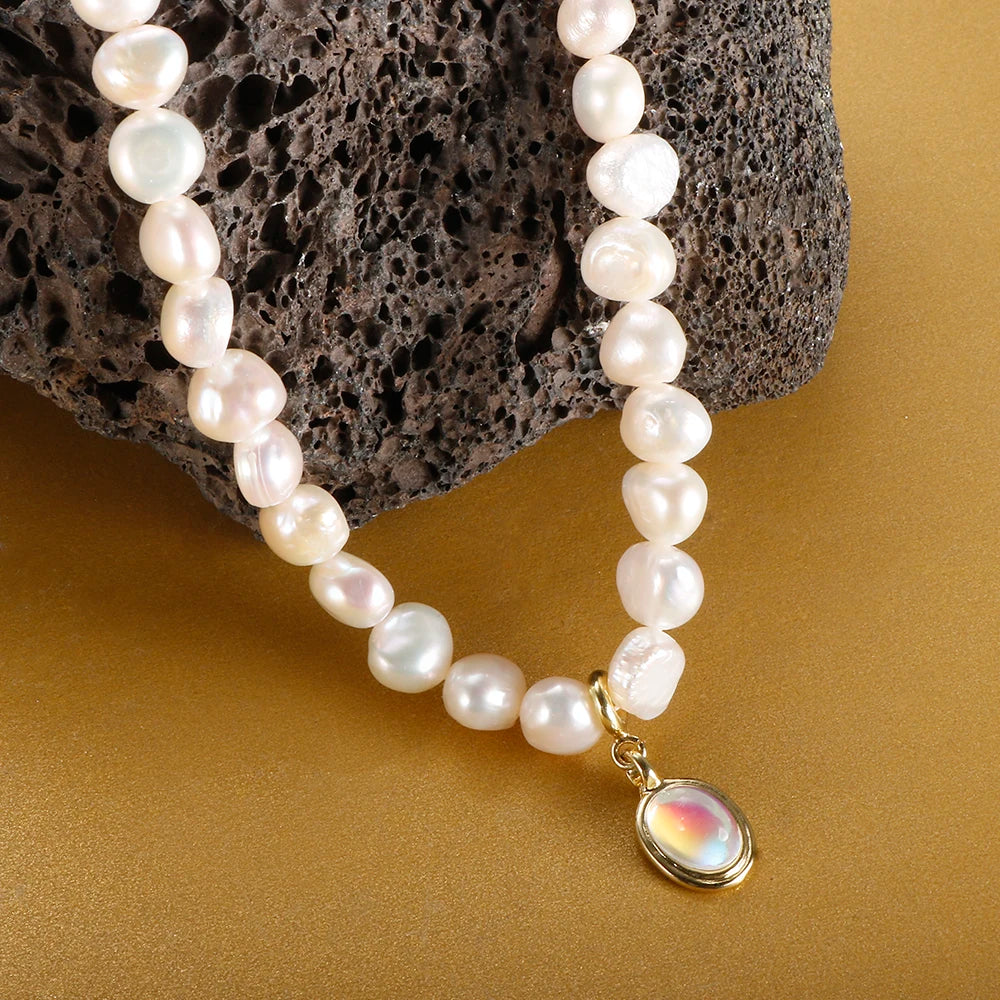 Natural Freshwater Pearl Necklace Moonlight Stone Clavicle Pendant