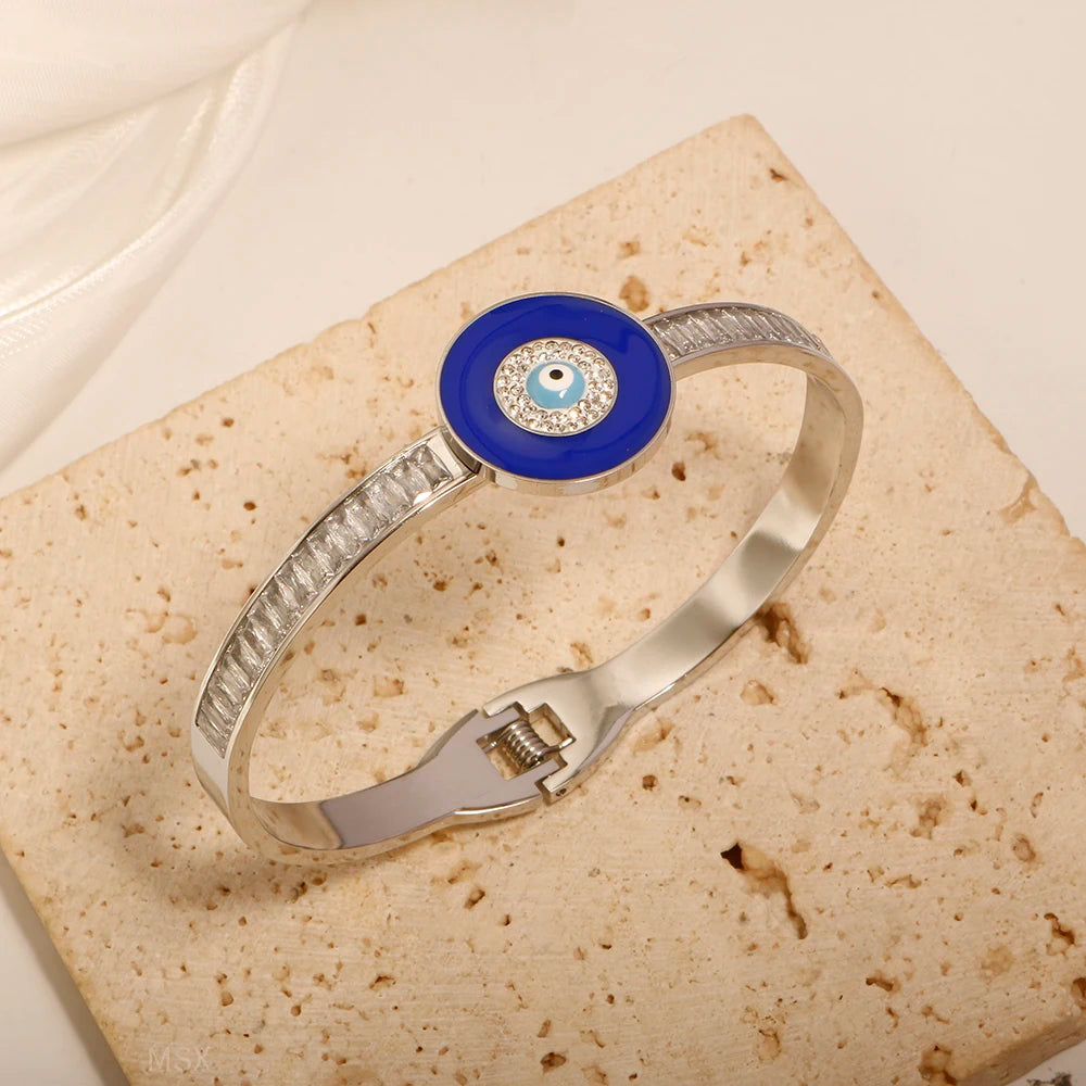 Evil Eyes Blue Round Enamel Crystal Inlaid Bracelets Charm Bangle Jewelry