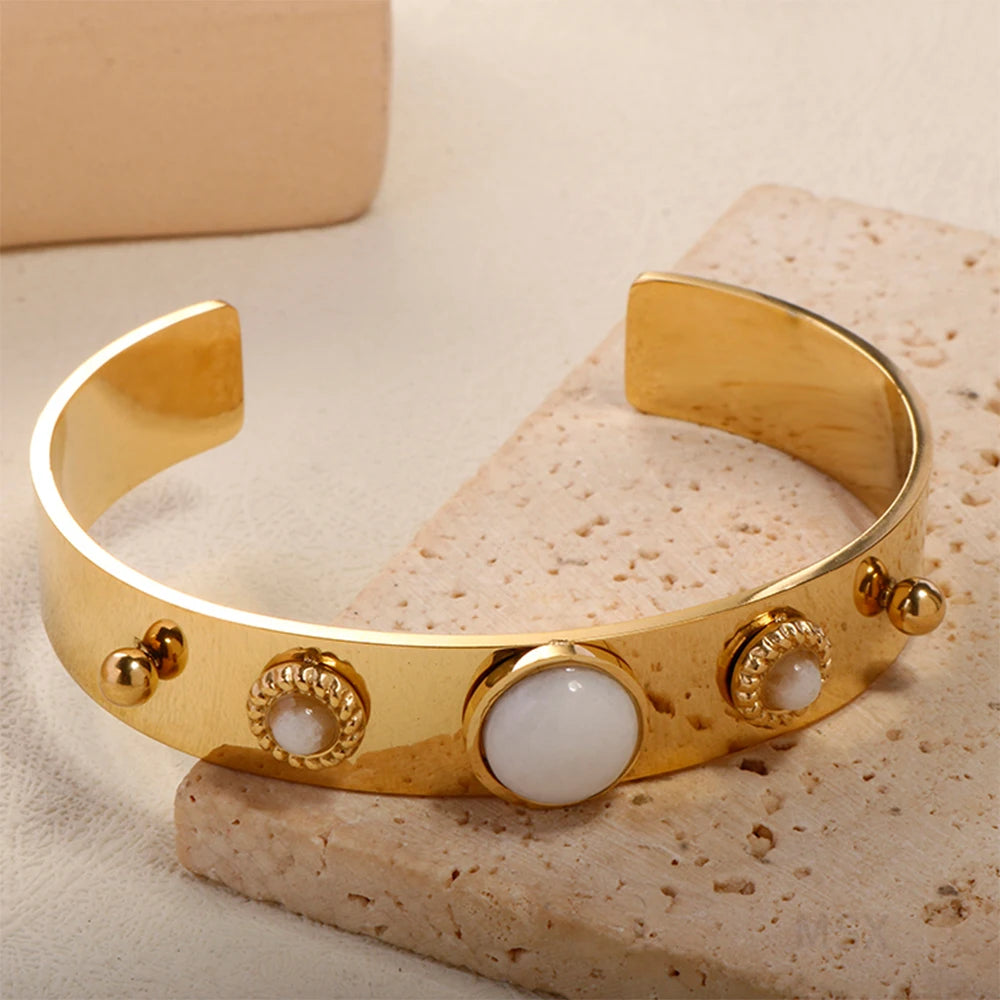 White Natural Stone Open Bracelet Luxury 18 k Gold Plated Bracelet