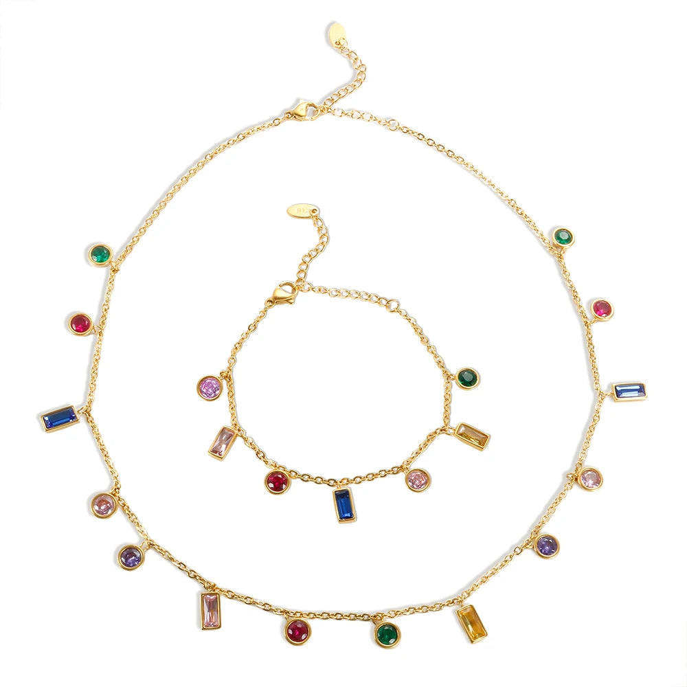 Rainbow Luxury Necklace Colorful Zircon Charm Bracelet Jewelry Set - Guangzhou Mingshixuan Jewellery CO.,Ltd