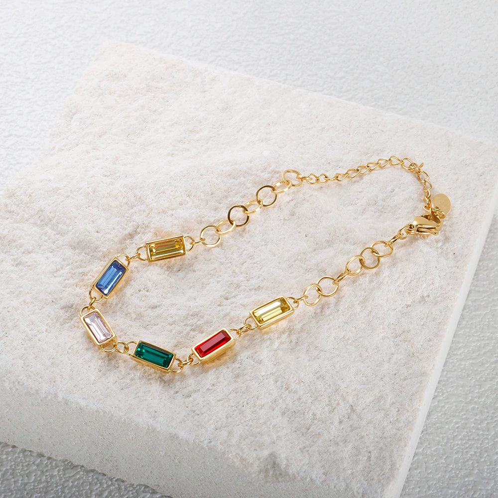 Colorful Crystal Rectangle Pendant Necklace Set Rainbow Cz Bracelet - Guangzhou Mingshixuan Jewellery CO.,Ltd